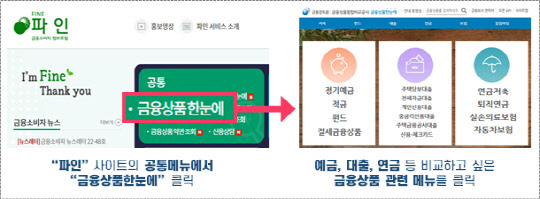 파인 사이트를 통한 '금융상품 한눈에' 접속 방법. 금융감독원 제공